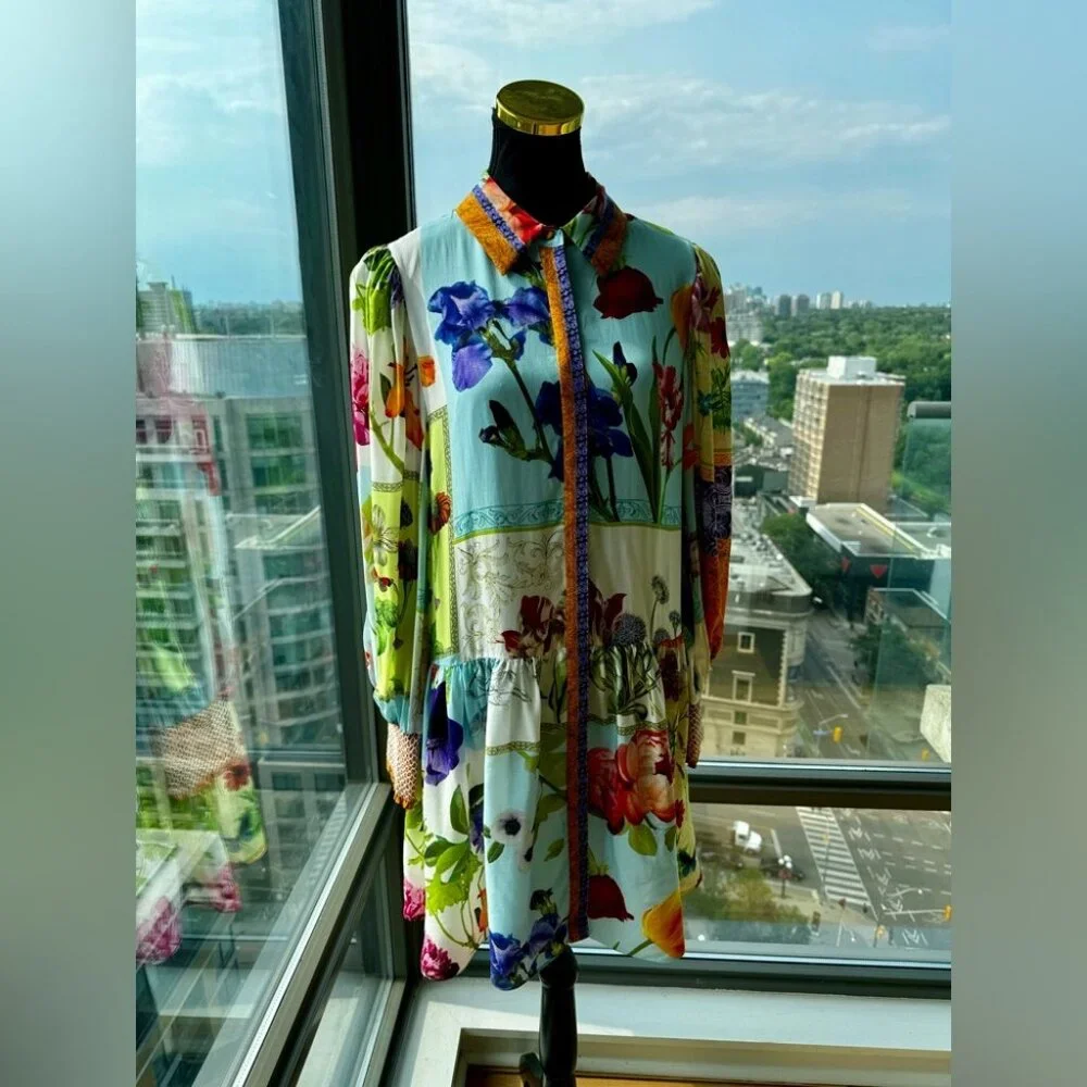 🆕 ALICE + OLIVIA 🧿 NWOT Bertha Floral Blouson Puff Sleeve Shirt Dress - Sz L_4